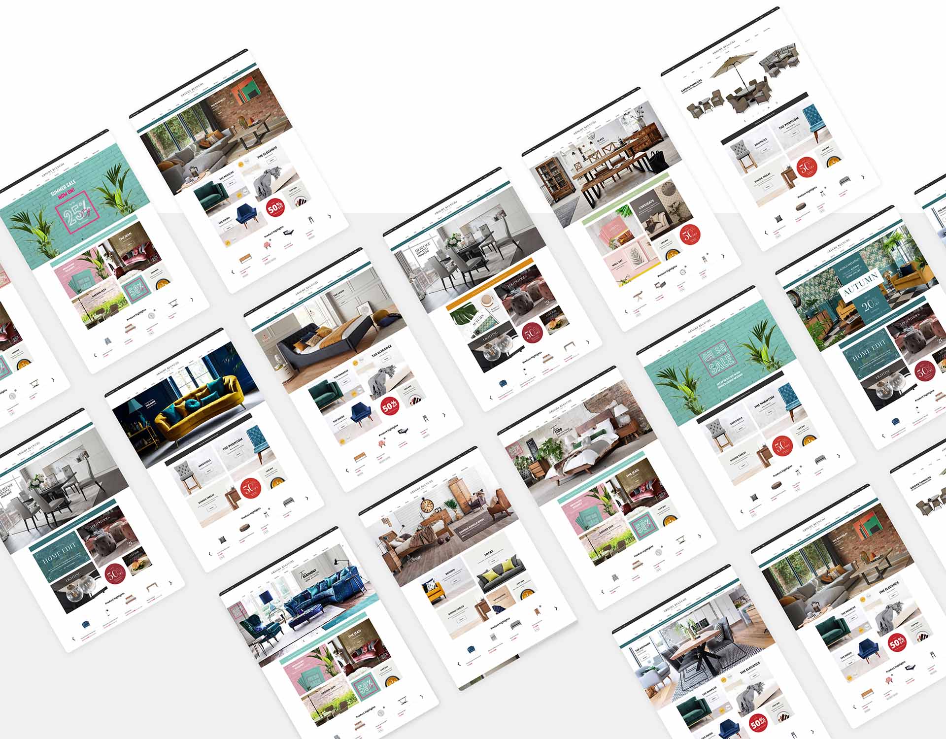 A selection of homepage designs from different seasons