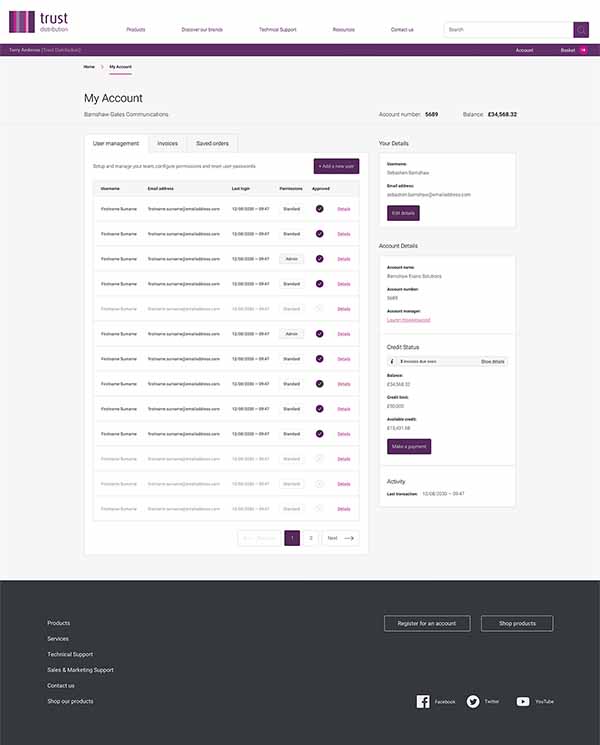 Managing users in the account management area