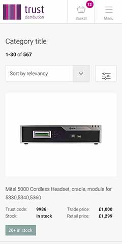 Product listing page on mobile